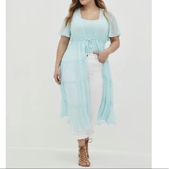 NWT TORRID TIERED KIMONO - CHIFFON CLIP DOT BLUE - Picture 1 of 6